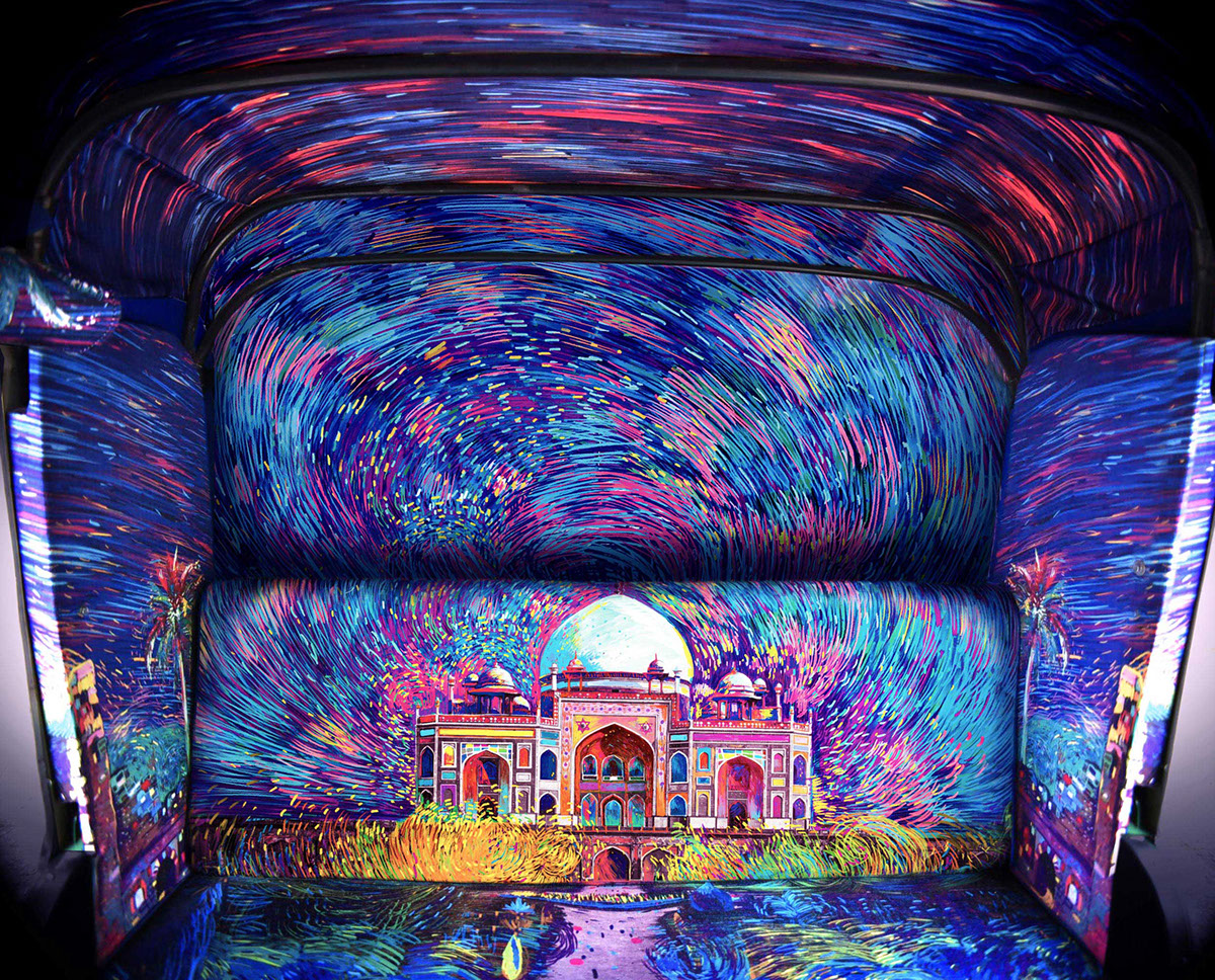 Delhi Rickshaw Autorickshaw India art streetart nasheet design van gogh nasheet shadani Taxi Fabric interiors humayun's tomb Mughal Architecture