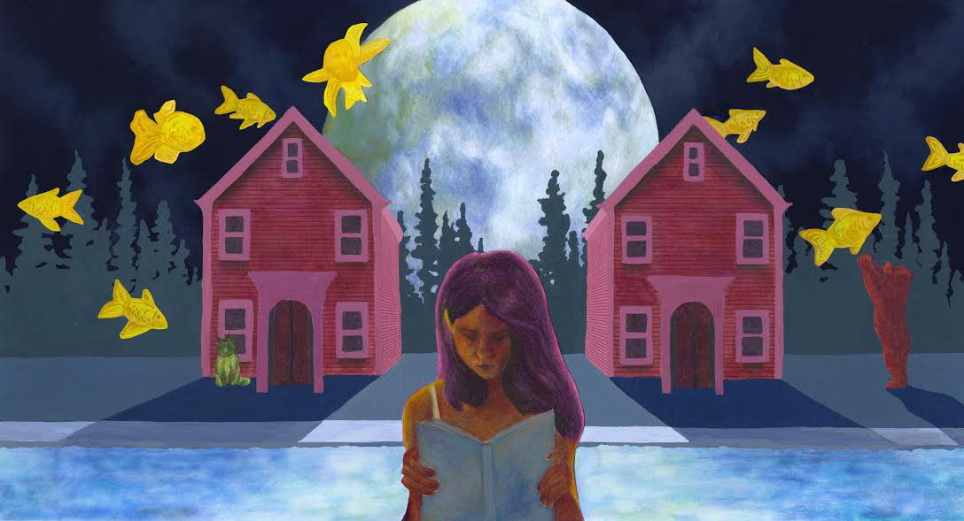 Prismacolors colored pencil mixed media fish girl house river moon acrylic water color