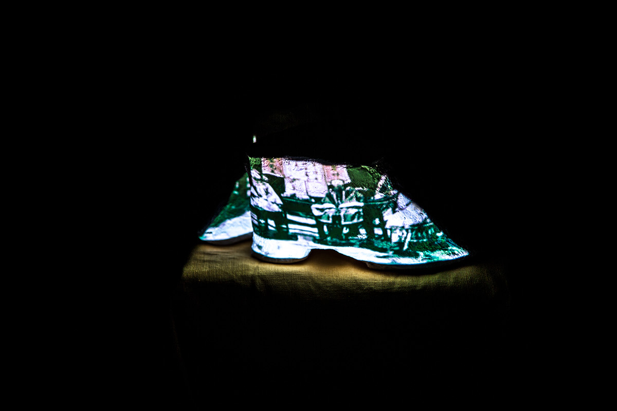 installation projection mapping sculpture Chinese history lotus shoes