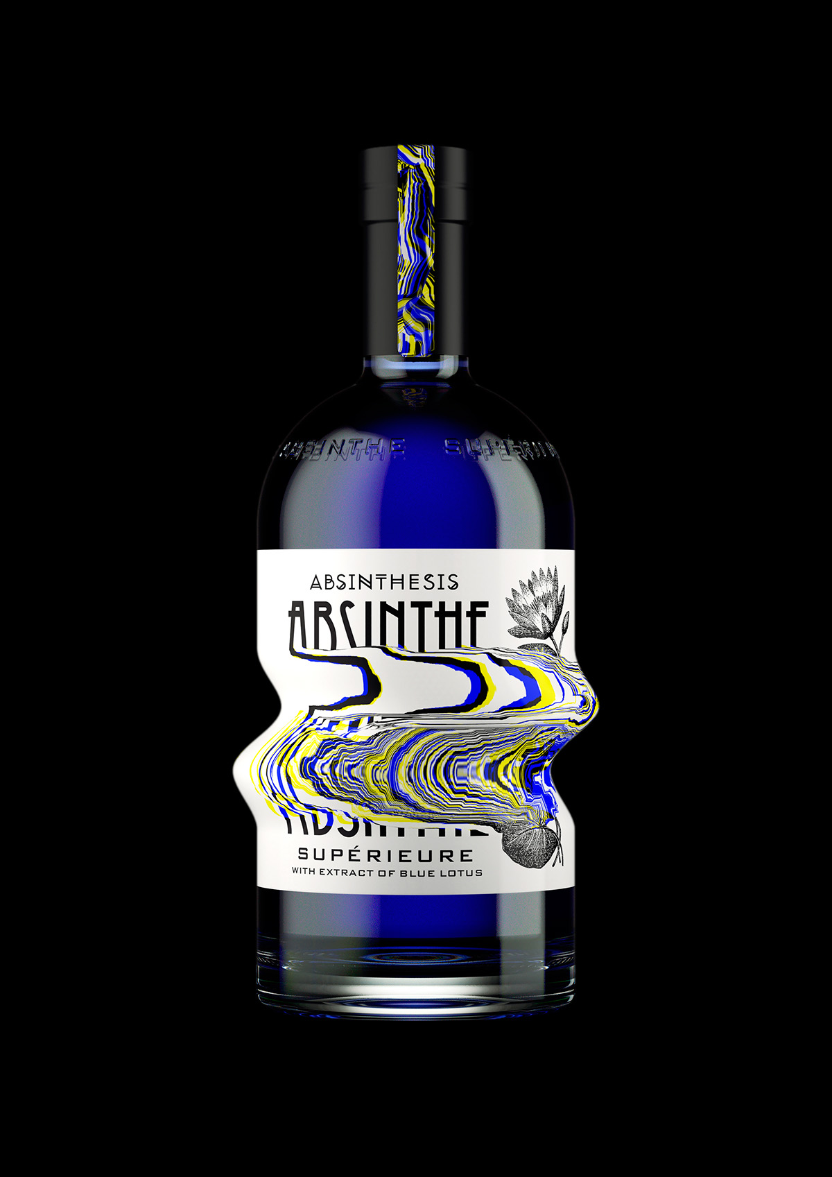 Absinthe absinthesis Glitch concept blue lotus pomegranate acacia catechu grand wormwood shrink sleeve distortion bottle alcohol spirit