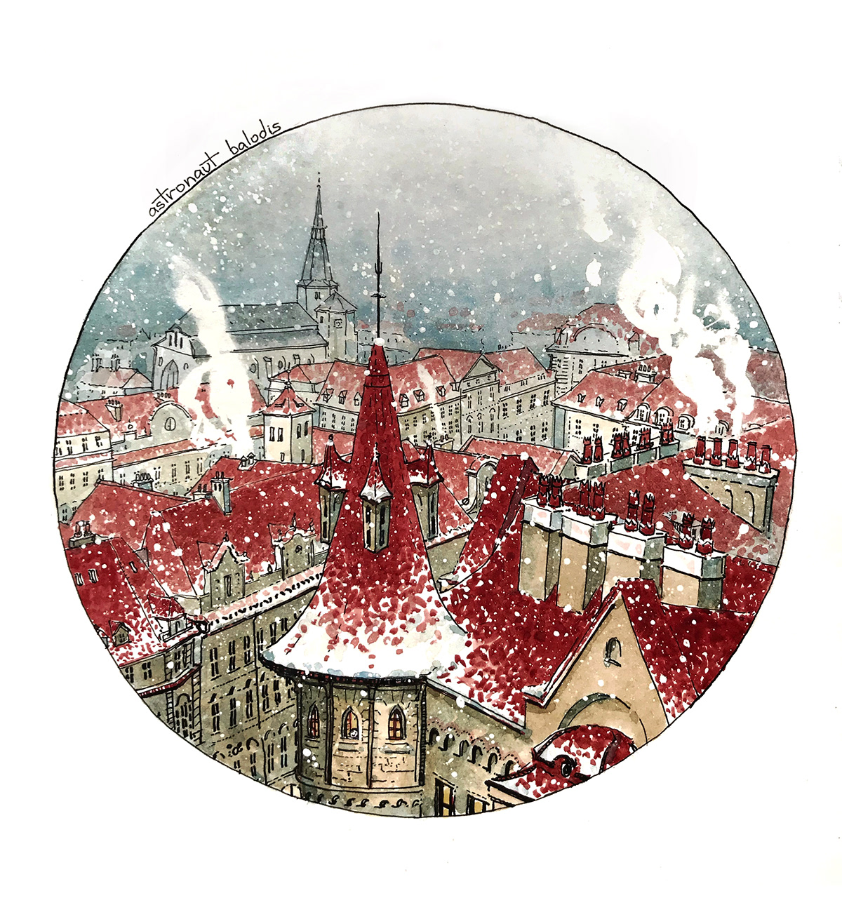 A watercolor illustration depicting an old Eastern European city in winter.