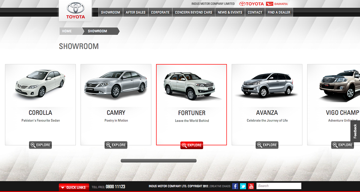 toyota indus motor company Pakistan Cars showroom corolla vigo champ fortuner Camry altis Daihatsu Website creative chaos