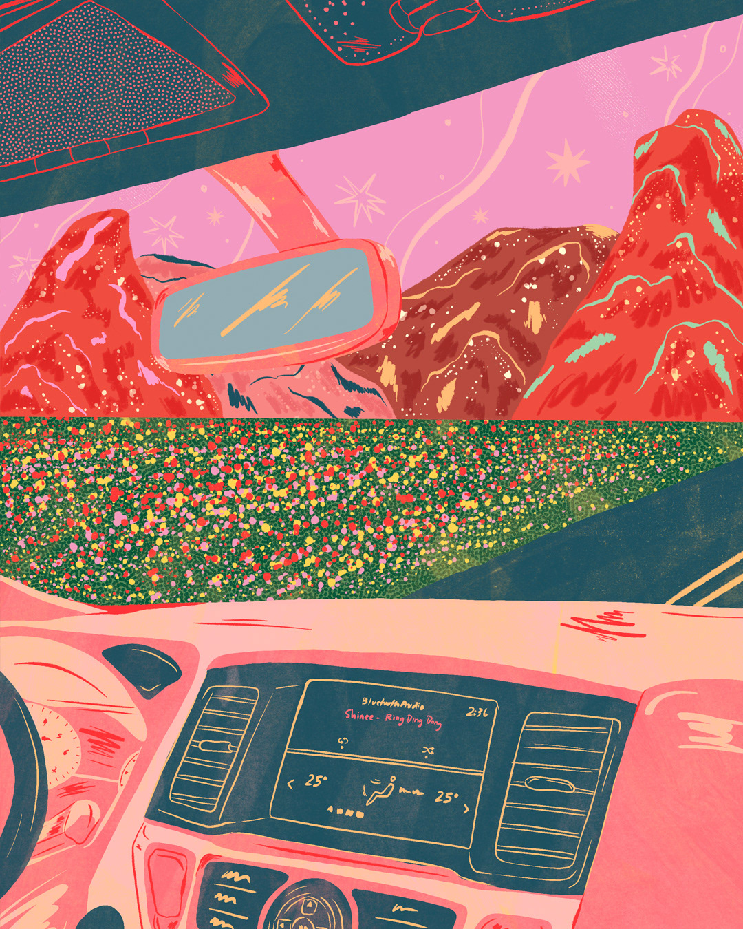 car colorful dreamy Driving flower field ILLUSTRATION  Landscape mountains