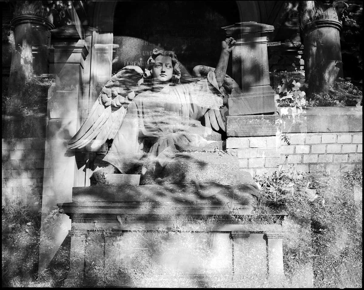cemetery berlin double exposure black & white negative creative analog Analogue camera Mamiya Nature friedhof walk Tree  statues