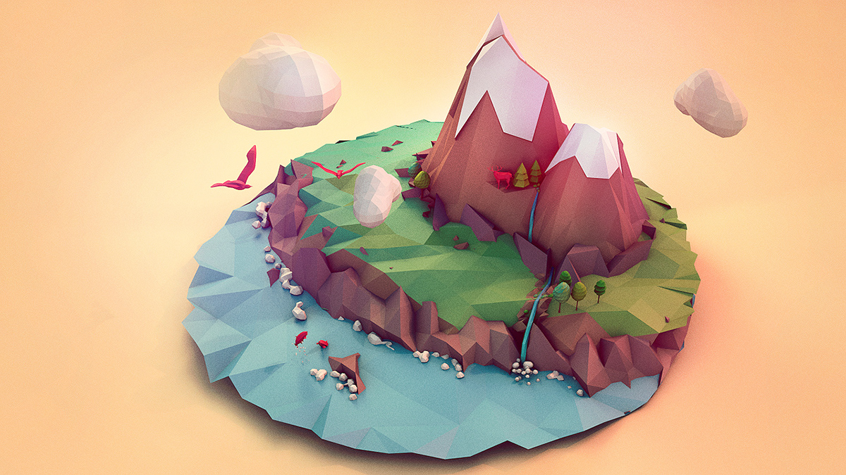 cinema 4d Low Poly 3D Island Landscape facete colorful mountain modeling