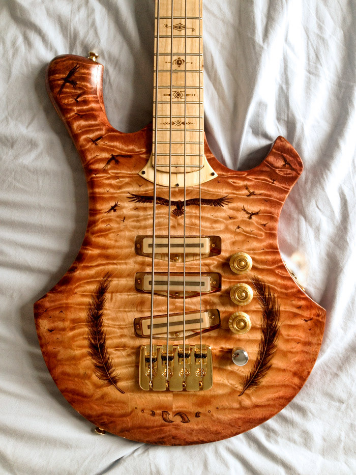 pyrography  woodburning  bass guitar  electric bass  crows  custom instrument  feathers