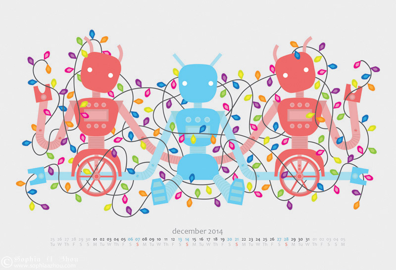 2014 Calendar robots robot calendar cute design kawaii