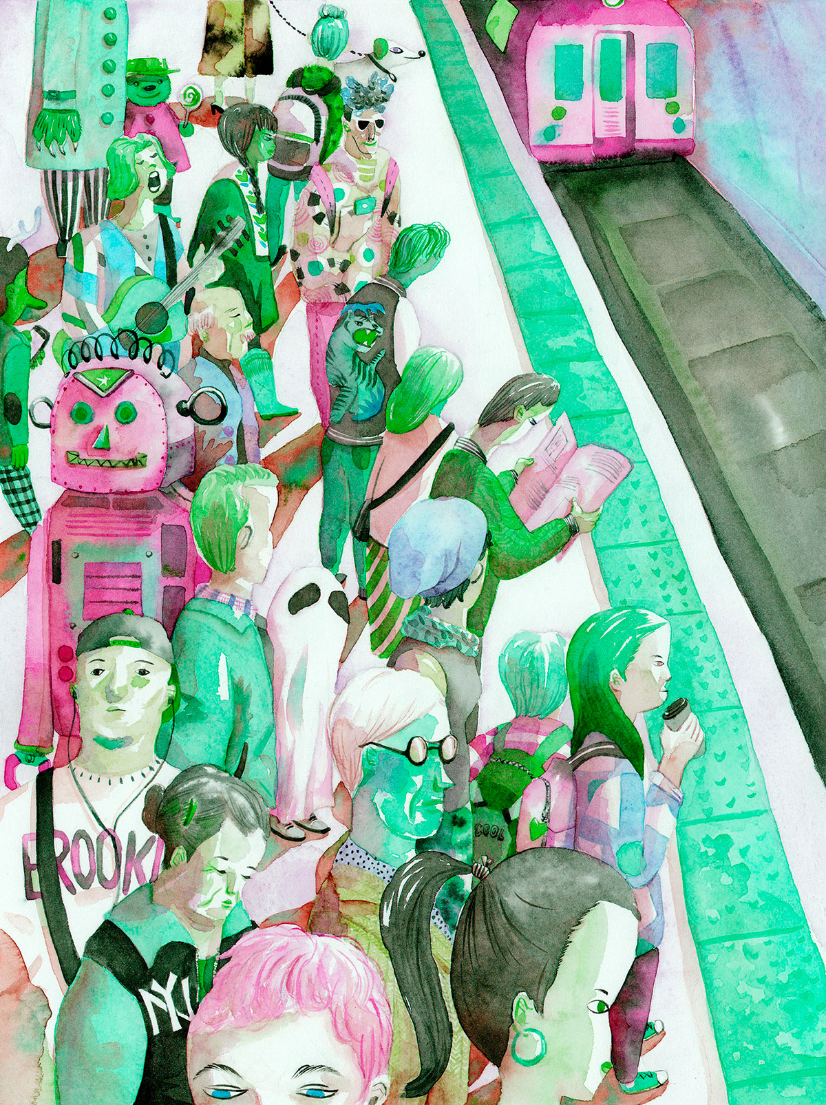 subway watercolor crowd robot dog ghost