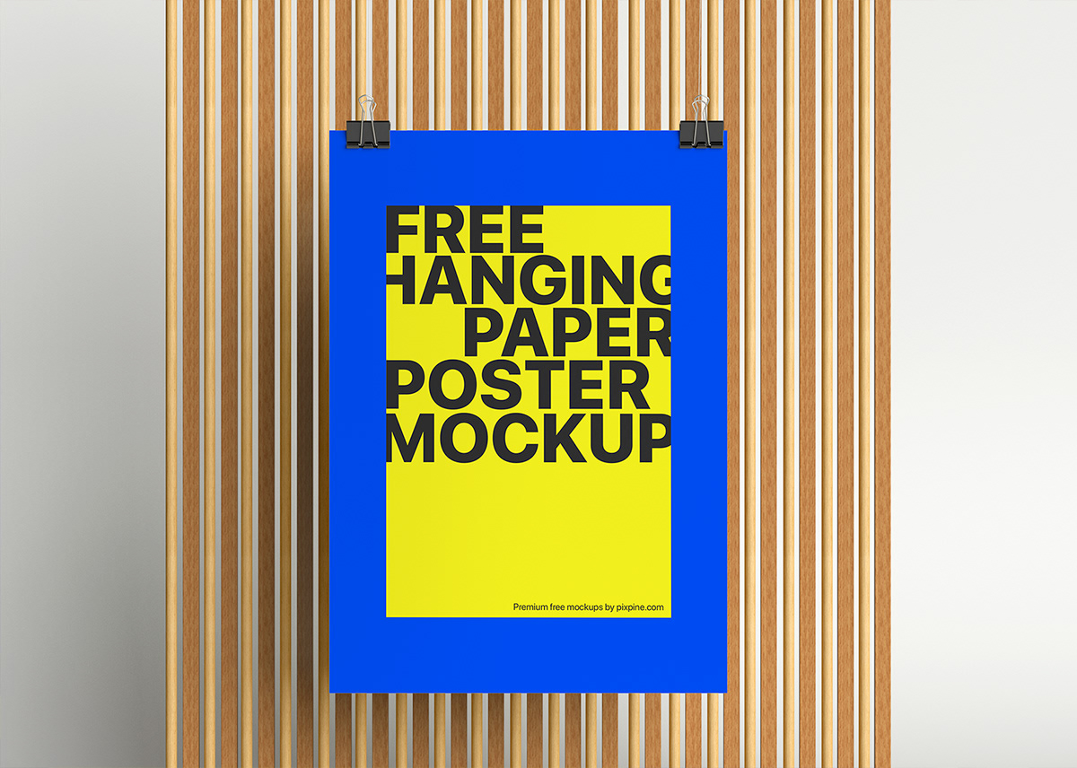 poster design Display hanging paper paper clip free mockup  psd mockup vertical Wooden backdrop