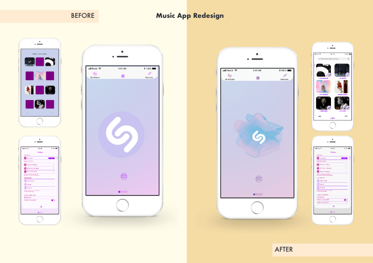 Shazam ux/ui Mobile app music app teenagers Music Software Before & After comparisions Illustrator wireframes