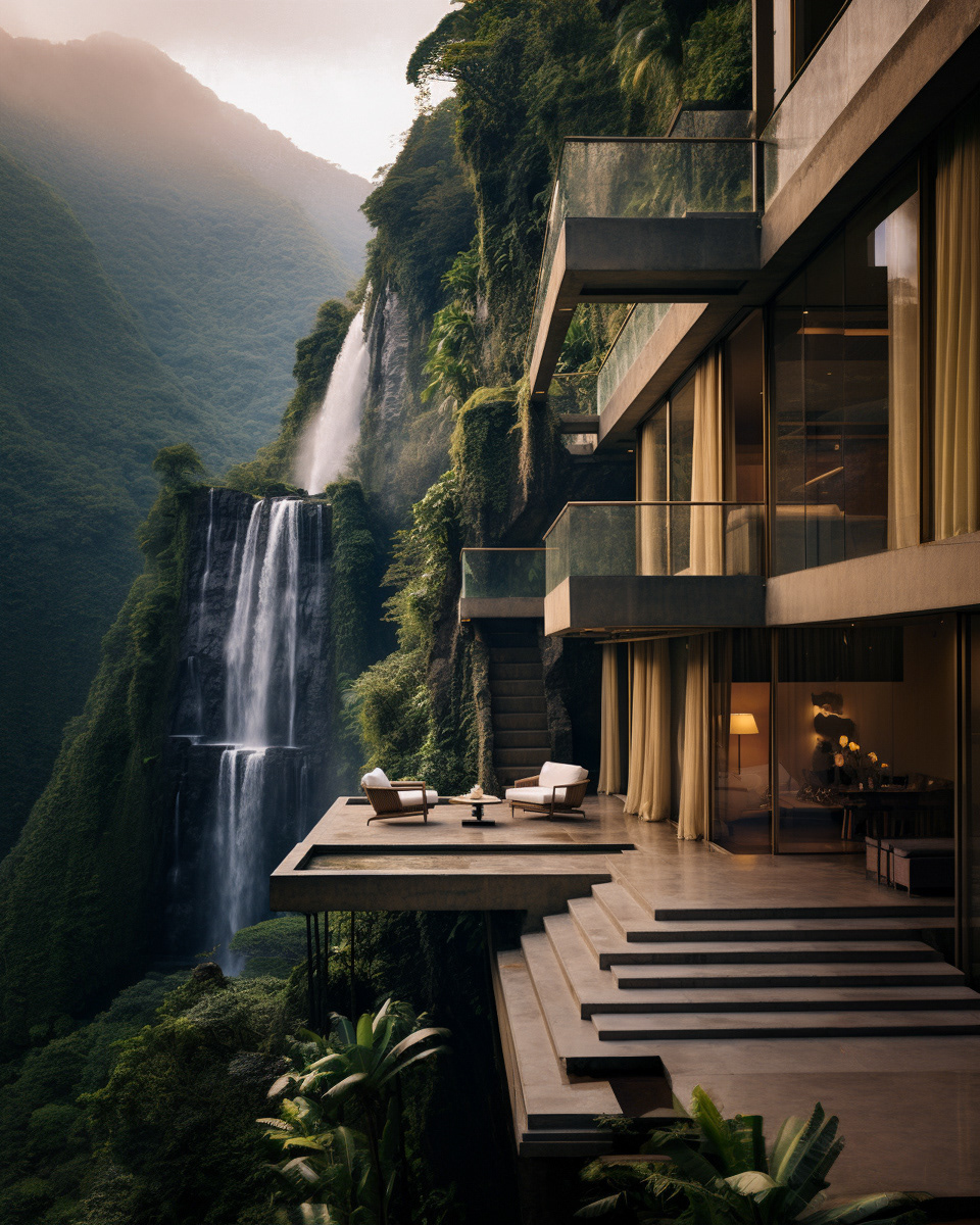 Villa architecture interior design  visualization design Interior waterfall Landscape