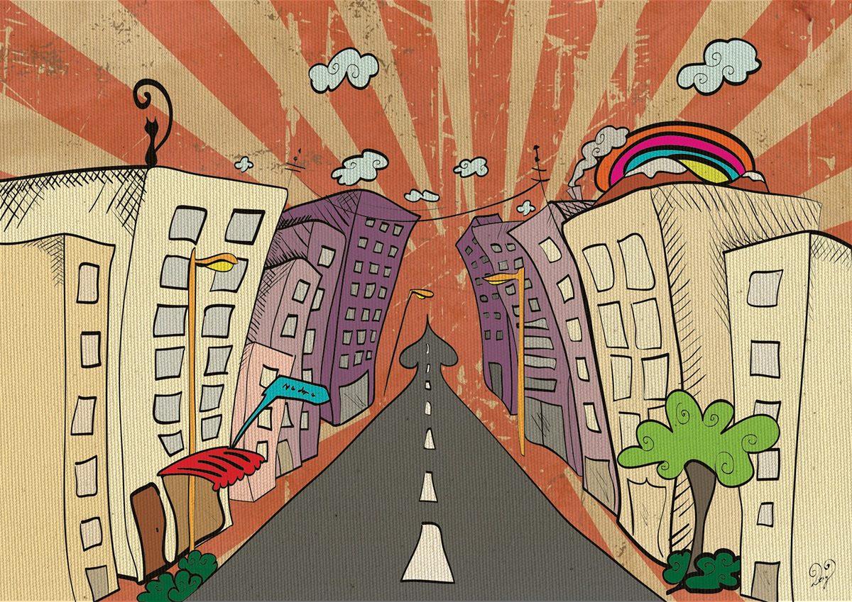 ILLUSTRATION  Cat  Buildings  building city  City life  road  rainbow  street Tree   crowded  surreal  abstract