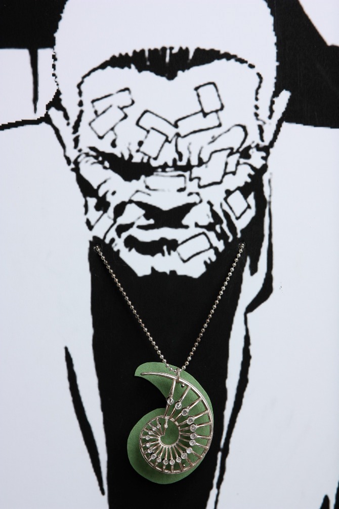 Sin City comics Frank Miller Exhibition  Window Display shenkar college jewelry industrial product Necklace ring watch Sunglasses