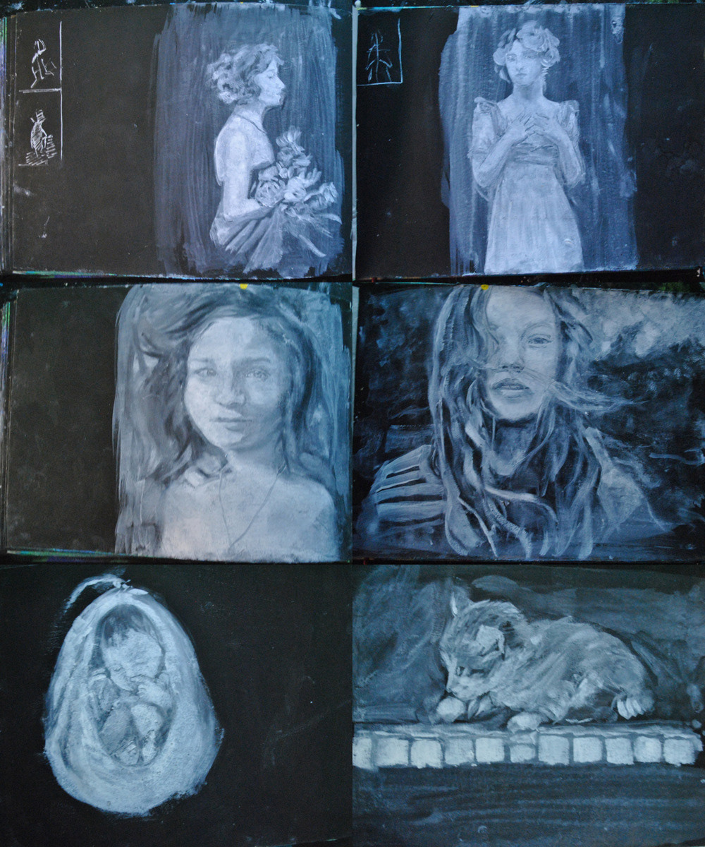 sketchbook sketches van gogh vermeer jennifer alarza acrylic watersoluble oil black and white pencil monocrome white wash studies of classics