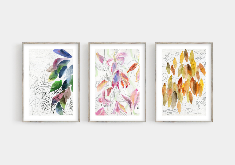Flowers and leaves art set of 3 fine art prints in pink, orange and yellow watercolour