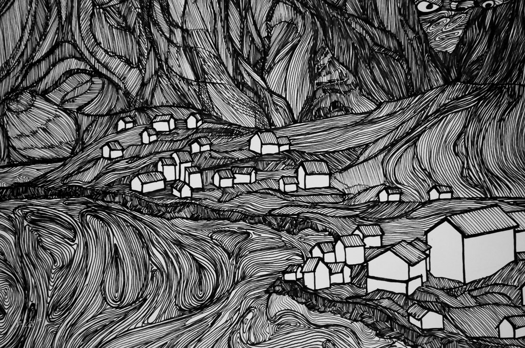hand made hand drawn Original Titan's Rock sketching artwork art Nature town village water norway Travel Ocean mountain