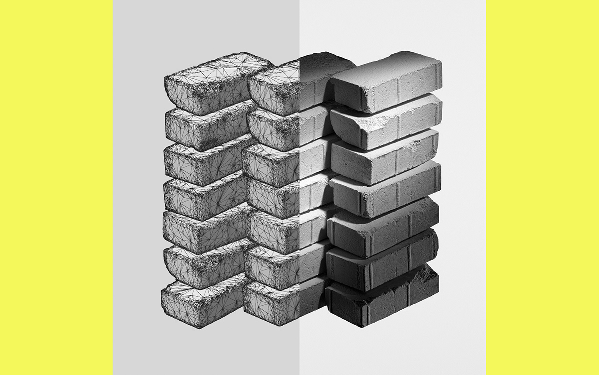 A side-by-side comparison of the typology and final 3D renders of concrete bricks.