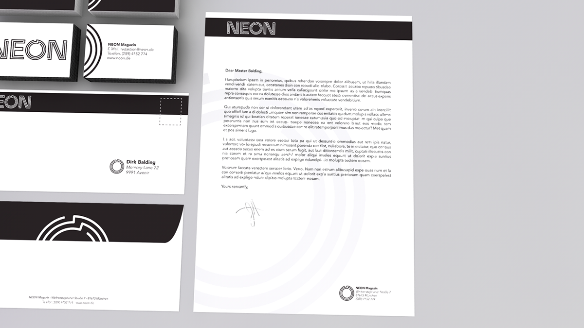 neon magazine business card envelope logo redesign