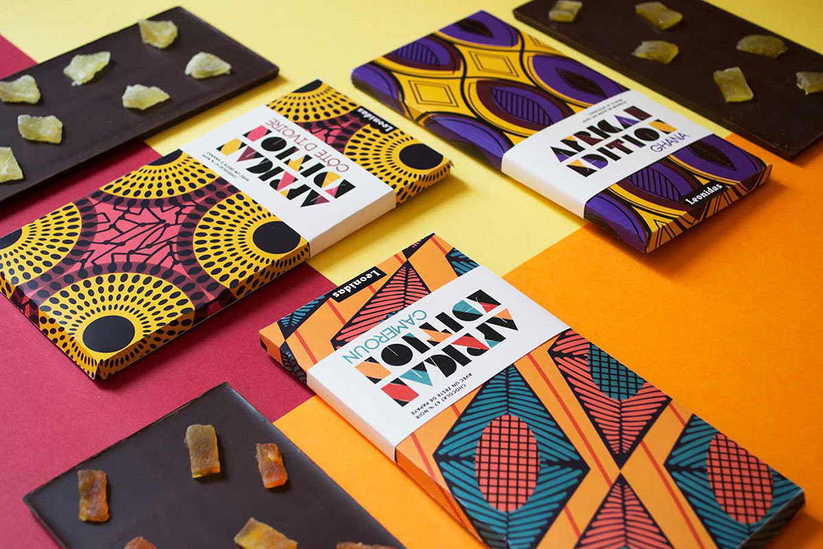 Packaging chocolate leonidas wax motifs Website publicity pattern afrique logo