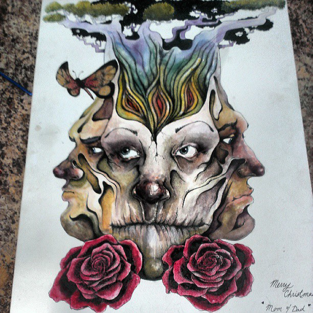 face ink DISTORTED creepy markers stretched black and white watercolor stipple graphic