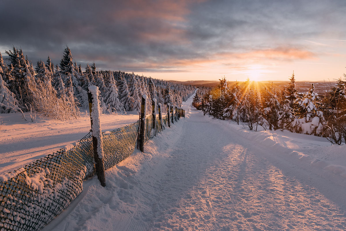 Landscape ore mountains germany winter sunset snow