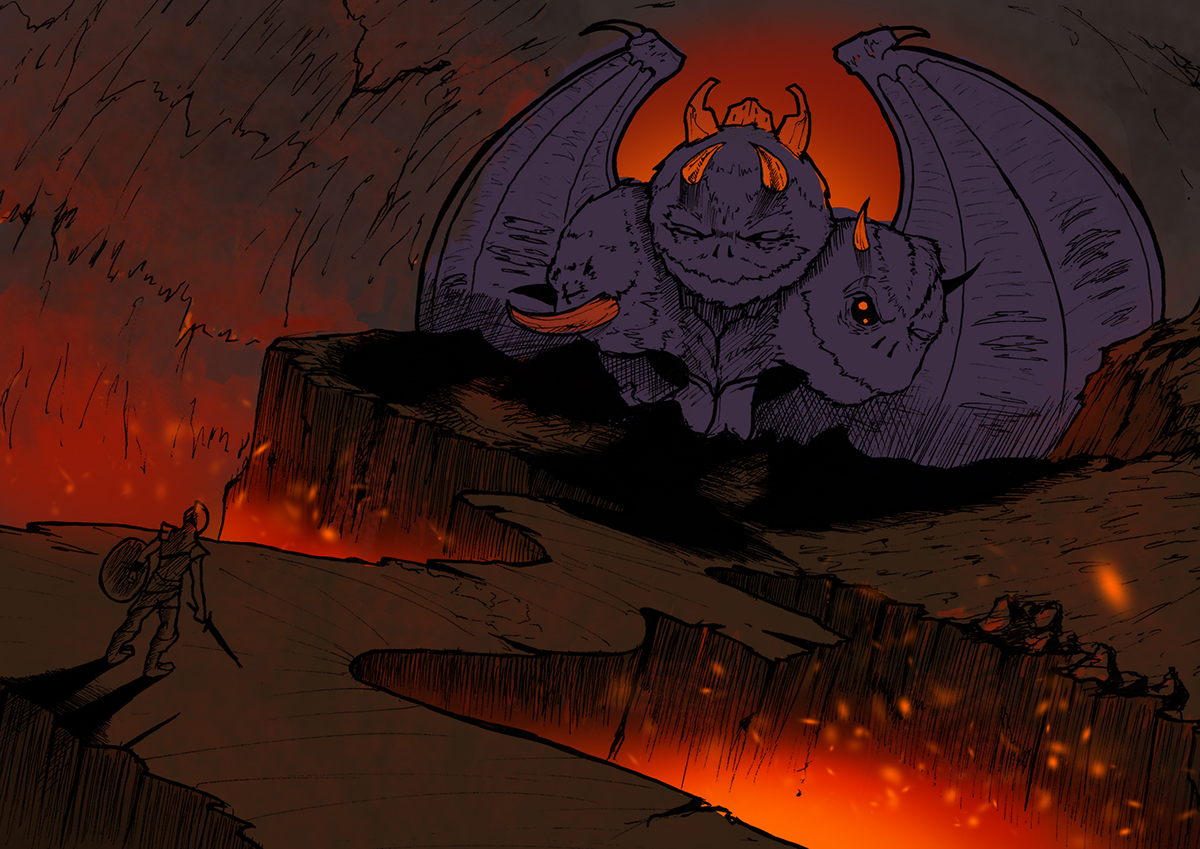 Norik Imami  monster design lava fire dragon embers burning volcano cavern cave tunnel rays adventure