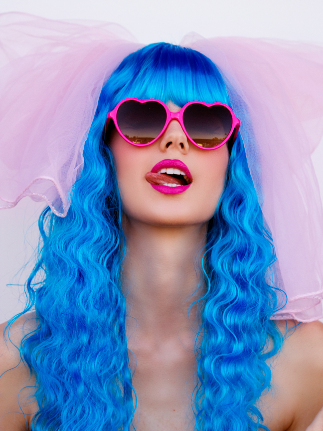 lolita blue hair hair  wig Playful cigarette pink bow colorful hair makeup girl smoking