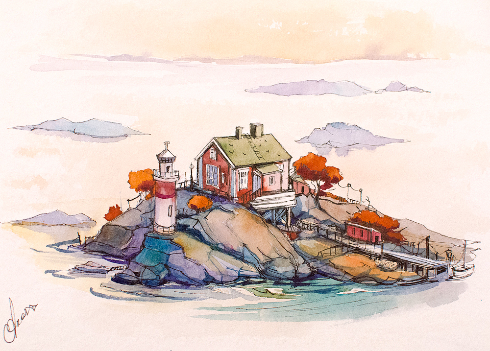 watercolor houses Scandinavia finland islands