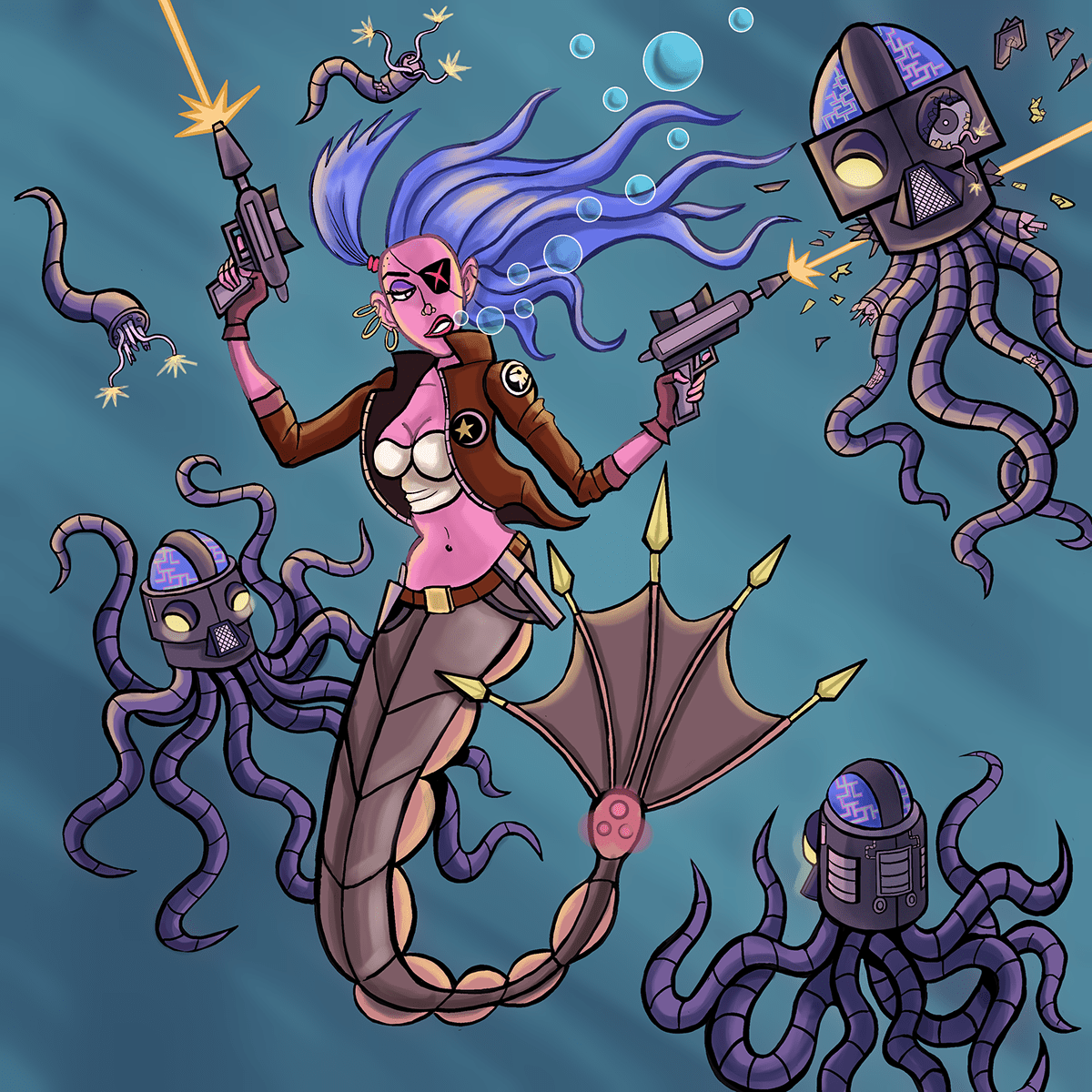 Cartooning  character art Character design  Cyberpunk mermaid octopus robot science fiction STEAMPUNK