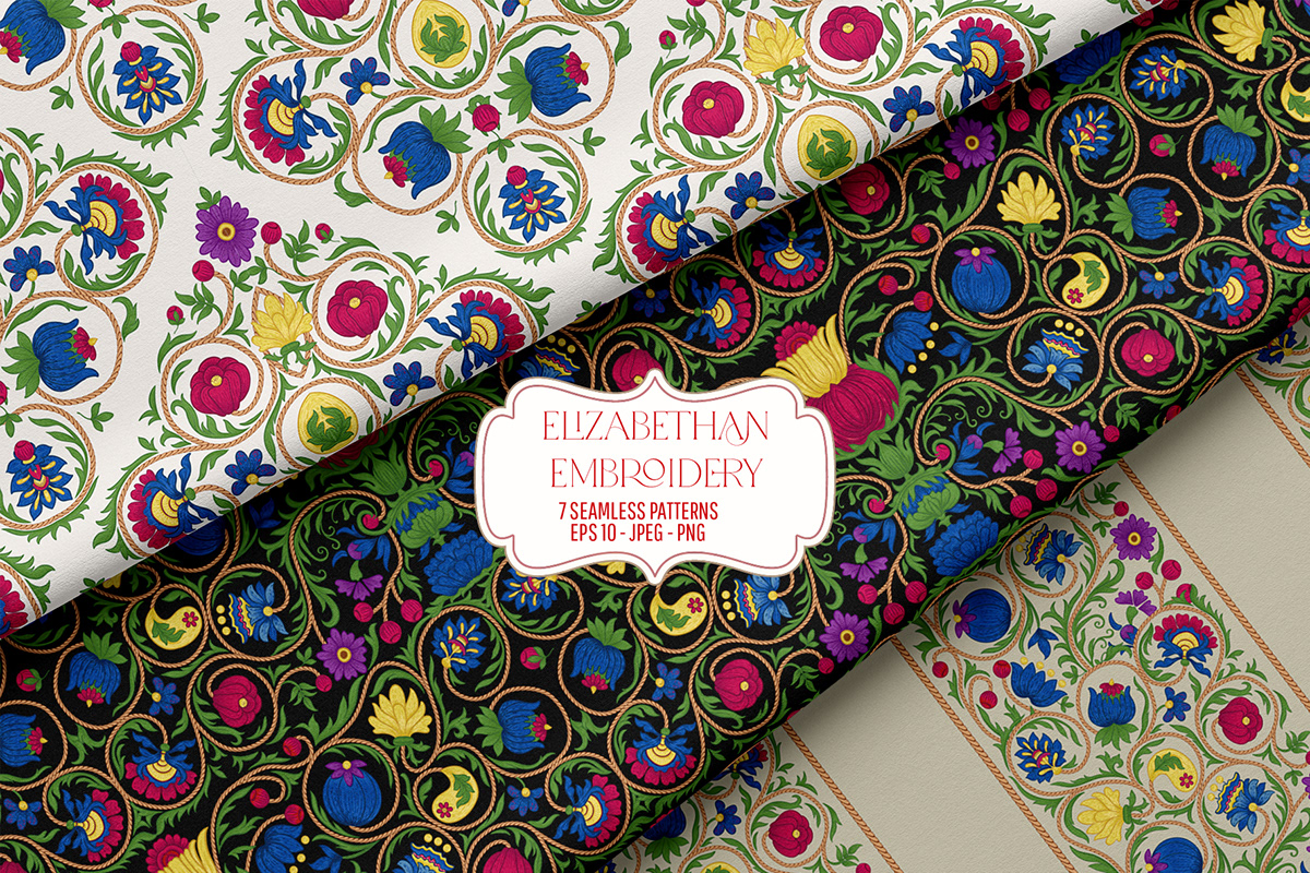 elizabethan Embroidery floral flower imitation jacobean morris ornament pattern seamless