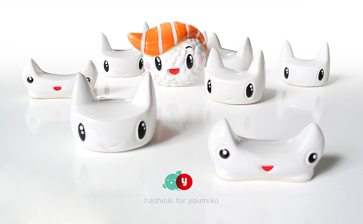 diploo  ceramic kawaii white ceramics hashioki hand made arts and craft youmiko sushi ceramic product design cute characters  sushi characters chopstick holders