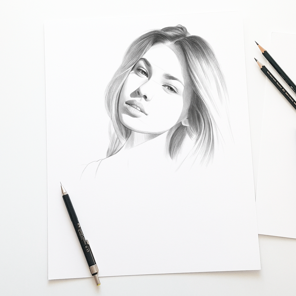 beauty girl portrait fashion illustration mixed media pencil sketch Drawing  hair black and white