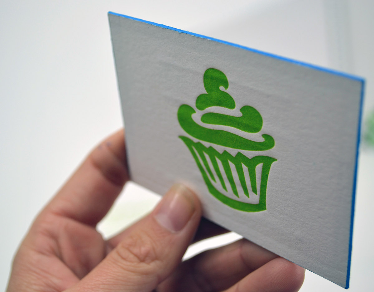 bakery letterpress student identity cupcake blue green gift card emboss folder