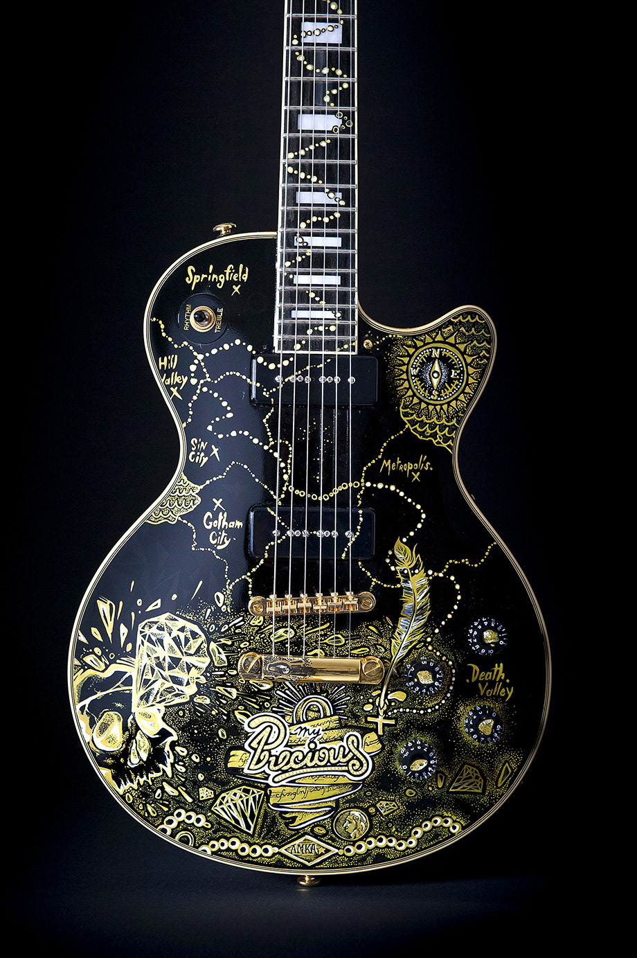 guitar Custom amkashop  custom77 gold black Precious skull map treasure
