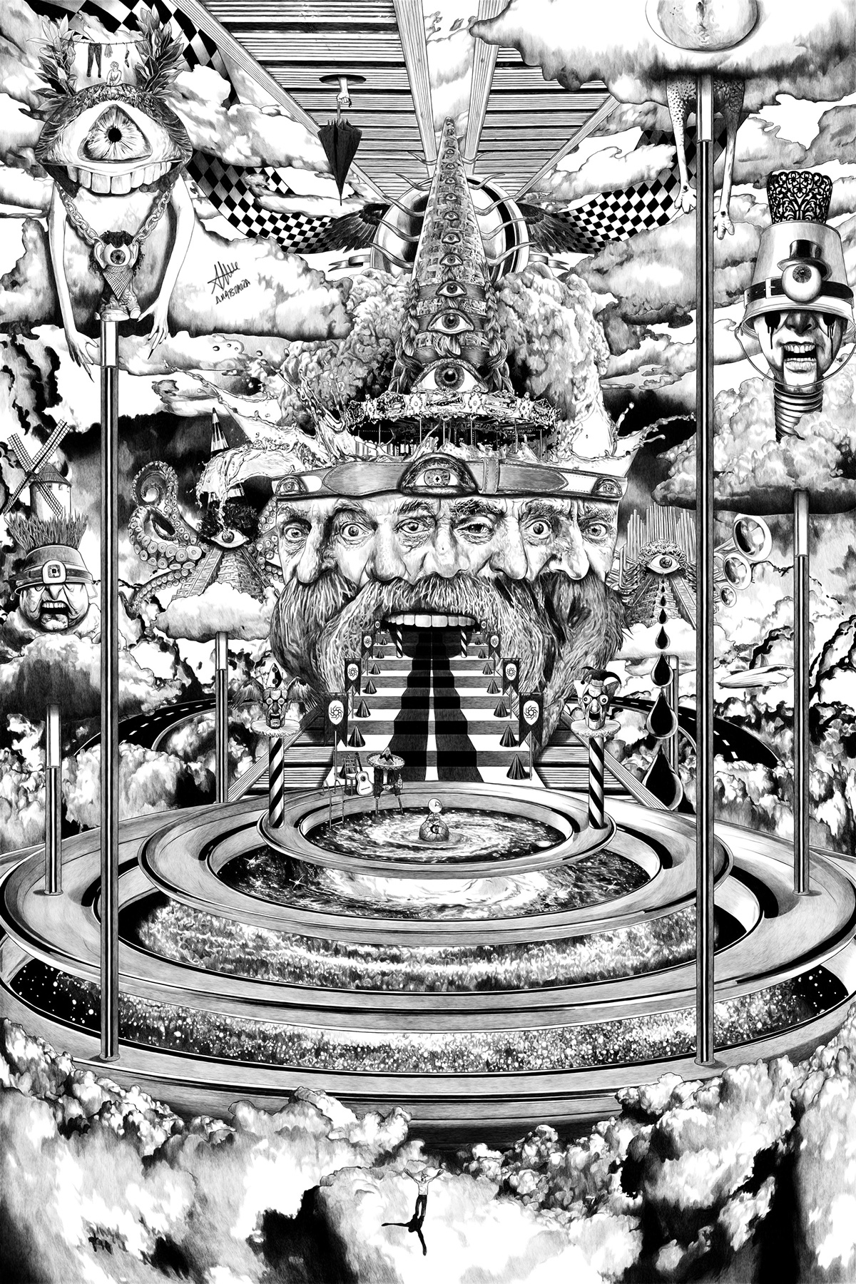 surrealism black and white hand drawing alberto matsumura hipersurrealística faces rings eyes octopus clouds stairs Mexican Tequila big eye Space 