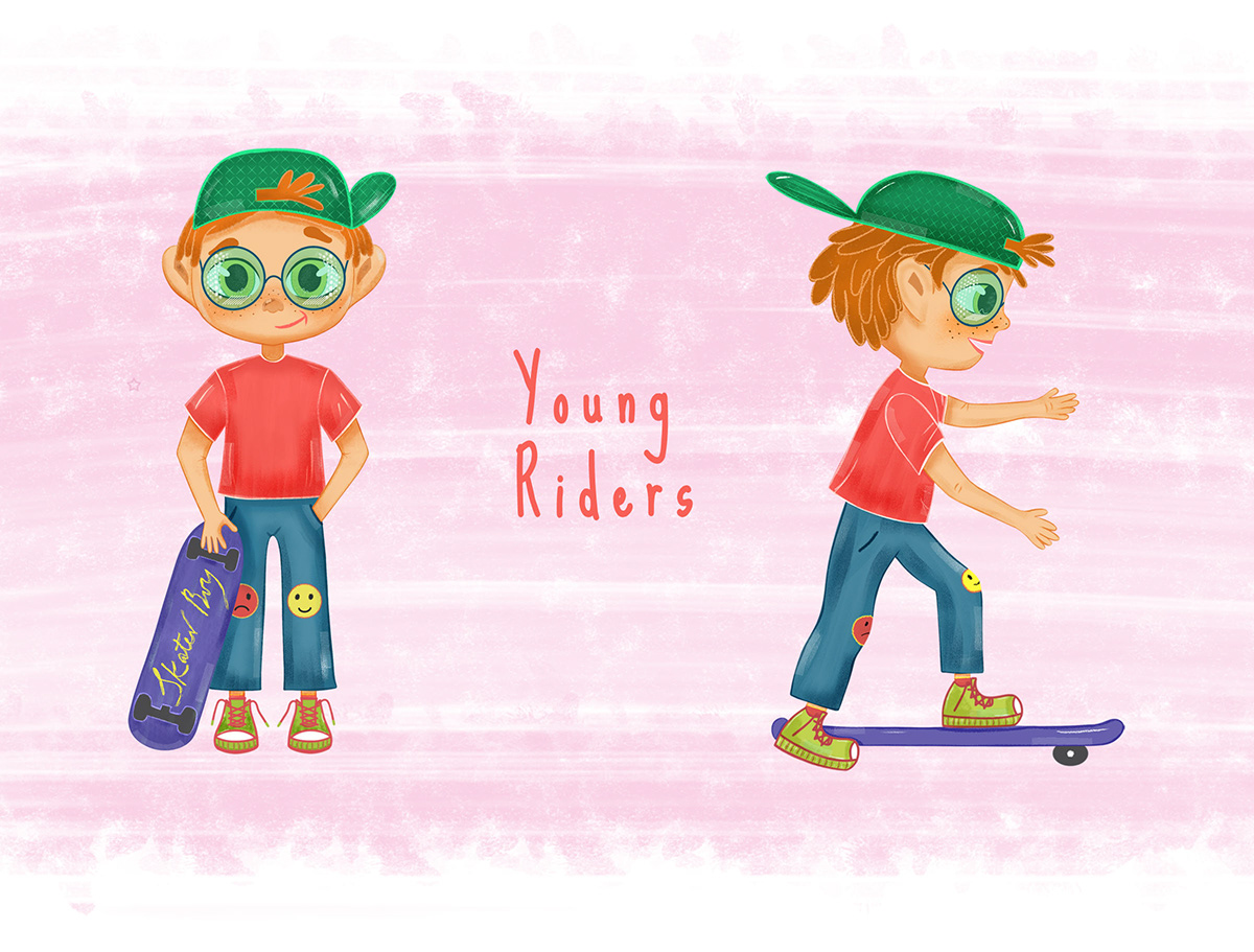 digital illustration kids character design childrens book Characters in Glasses roller skater girl School for Skating skater boy childrens illustration bookcharacter childrensbook