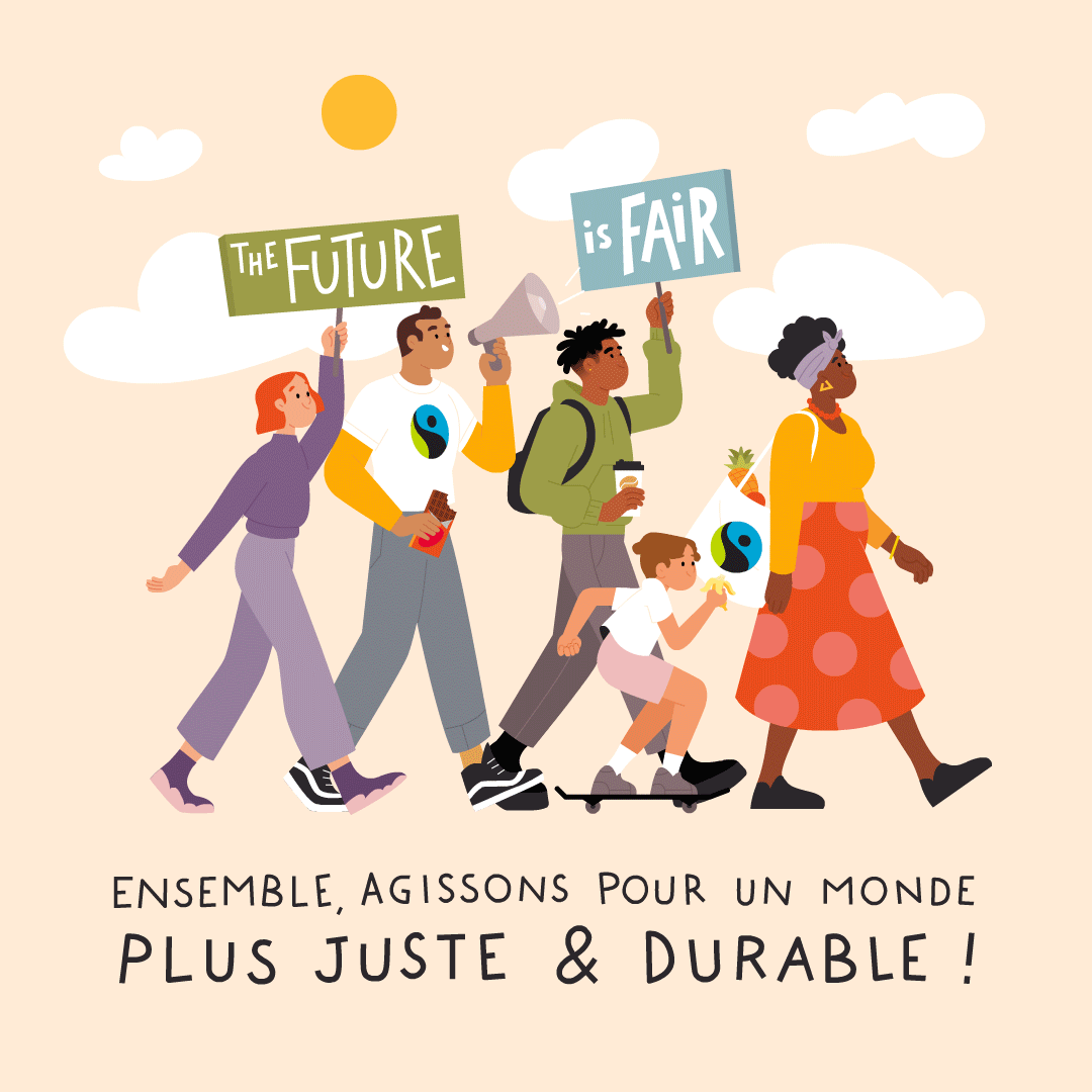 Animated illustration of a march for a fair future. 2024 wishcard MaxHavelaarFrance
