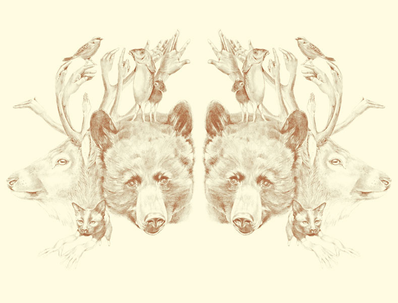 wallpaper animals portraits plants hands faces bear Cat Flowers stag people Pattern Repeat Pencil drawing ILLUSTRATION 
