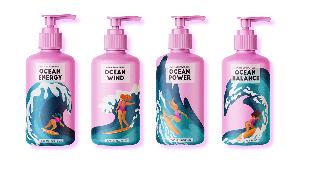 Designing illustrations for a series of shower gel packaging for active women. Surfing.Bottle design