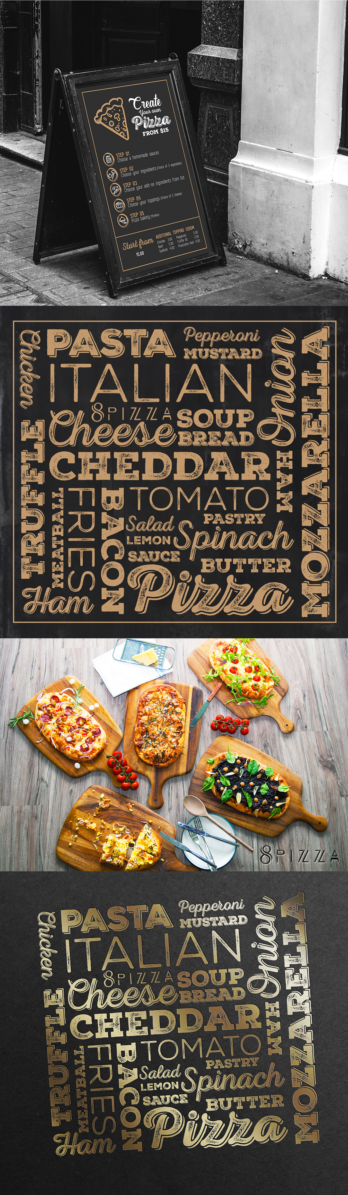 restaurant Pizza Pasta menu flyer logo gold pizza branding Pasta Branding Restaurant Branding