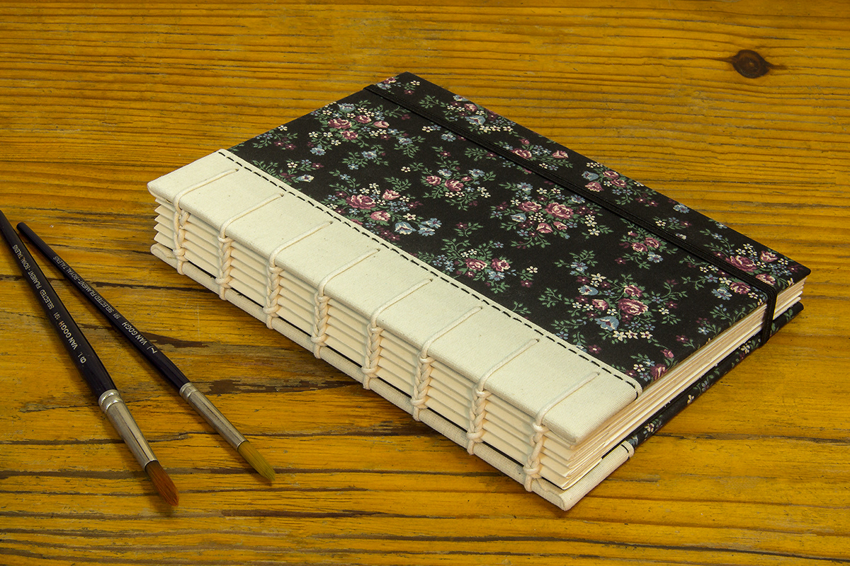 journal coptic stitch sketchbook black watercolor sketch flower pattern brush notebook Cuaderno book