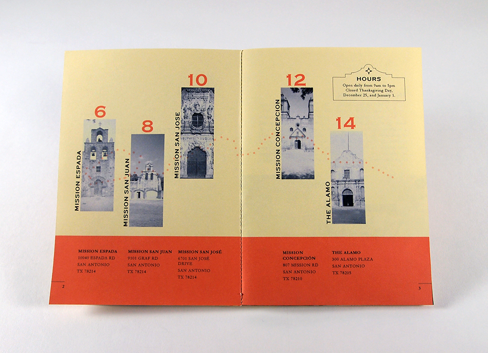 San Antonio texas missions history Landmark book Booklet visitor Guide saddle stitch vellum Overlay building pattern windows