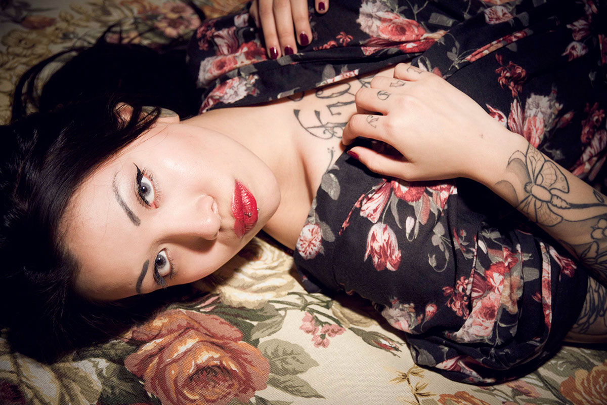 girl lips red lipstick flower pattern print tattoo piercing