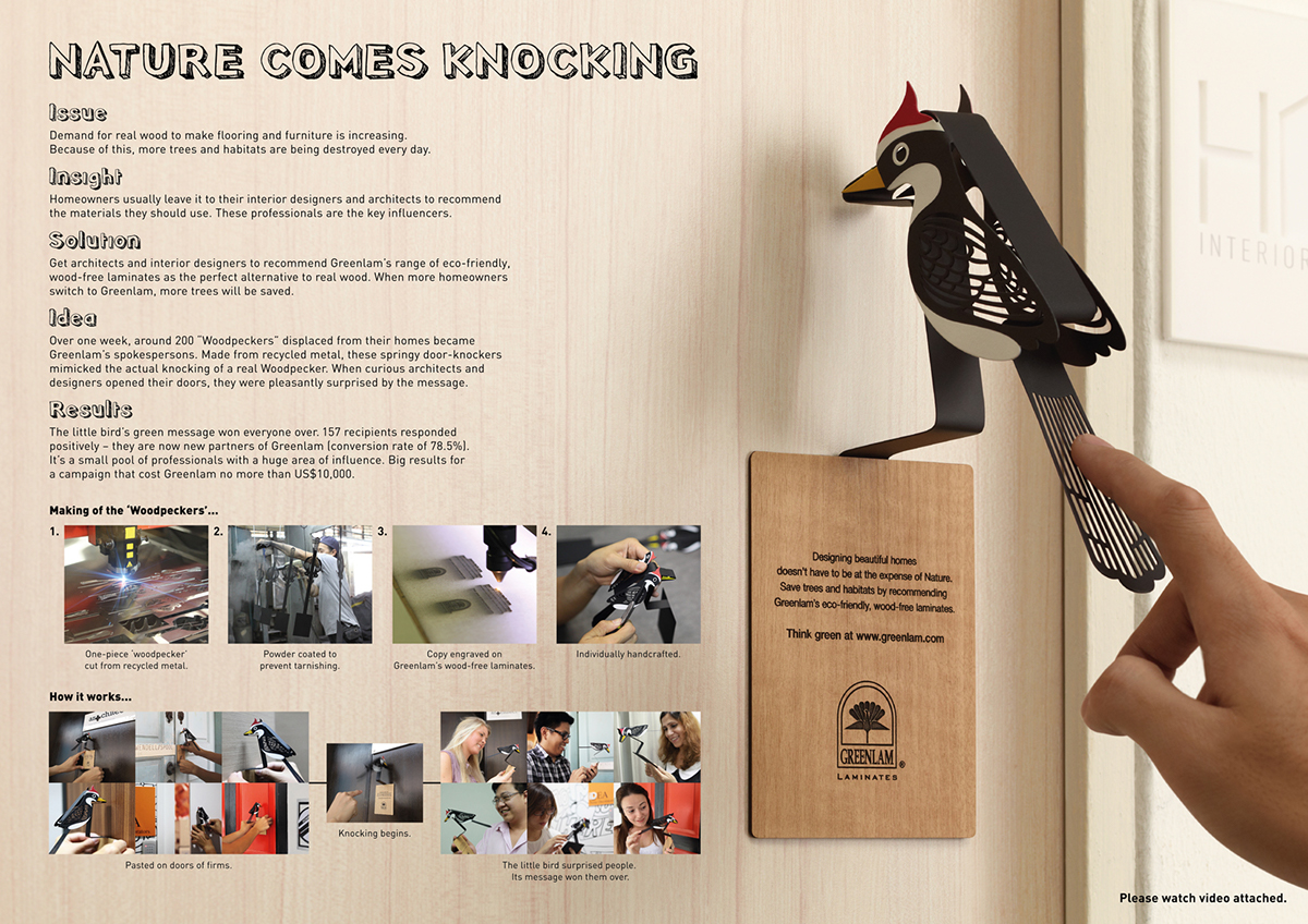 laminate woodpecker design door knocker direct marketing environmental Greenlam