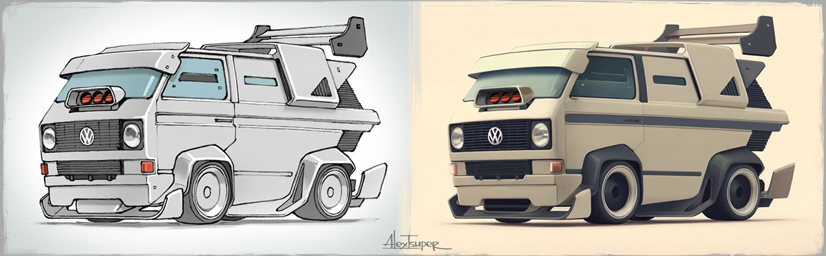 VW concept art Vehicle Design Tuning Car Cyberpunk digital painting 2D art concept artist ILLUSTRATION  volkswagen t3