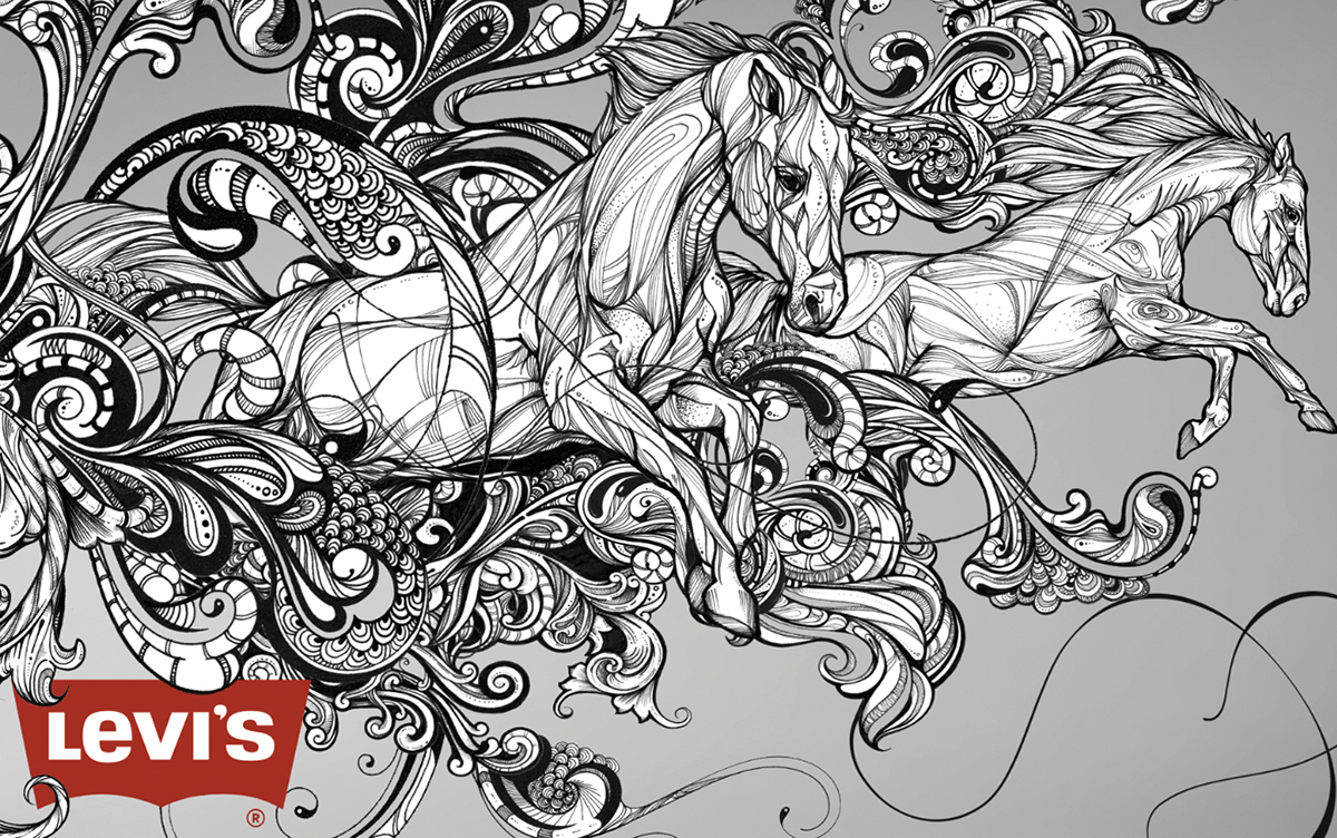 levi's jeans tattoo horses swirl detail decorative jumping topless man woman elaborate black and white hand drawn pen