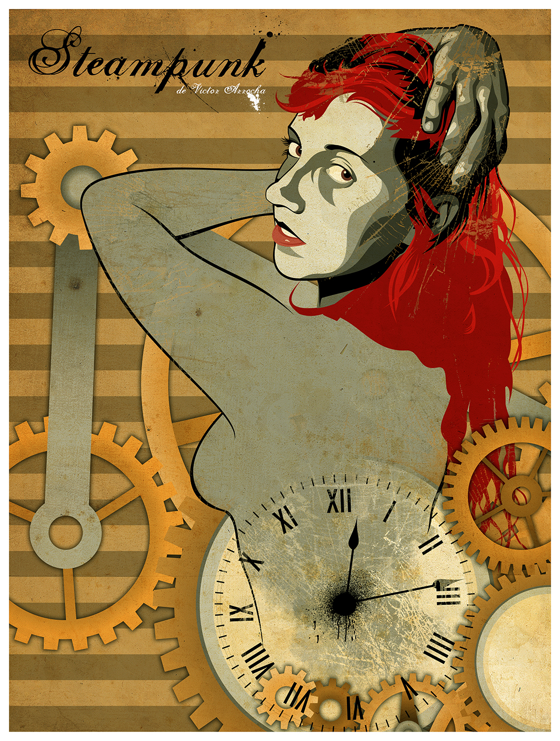 STEAMPUNK vector clock redhead woman portrait