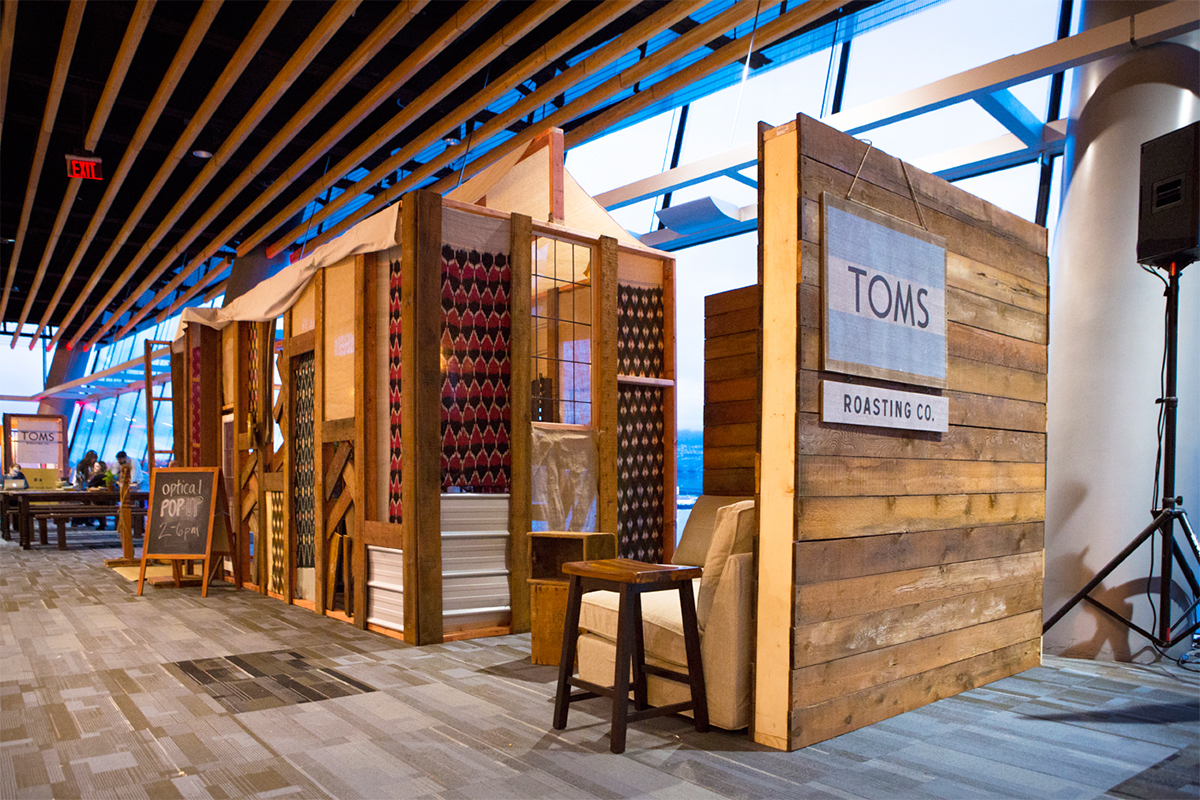 TOMS TED cafe Coffee Event Trade Show booth exhibit Space  launch marketing   Hang Out furniture industrial installation
