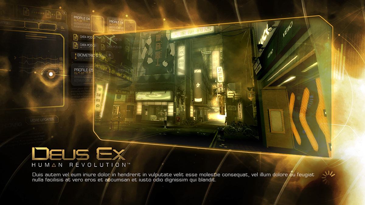 deus ex human revolution motion graphic user experience user interface videogame dxhr TRANSHUMANISM augmented reality eric bellefeuille eidos montreal square enix the missing link Cyberpunk user interface designer