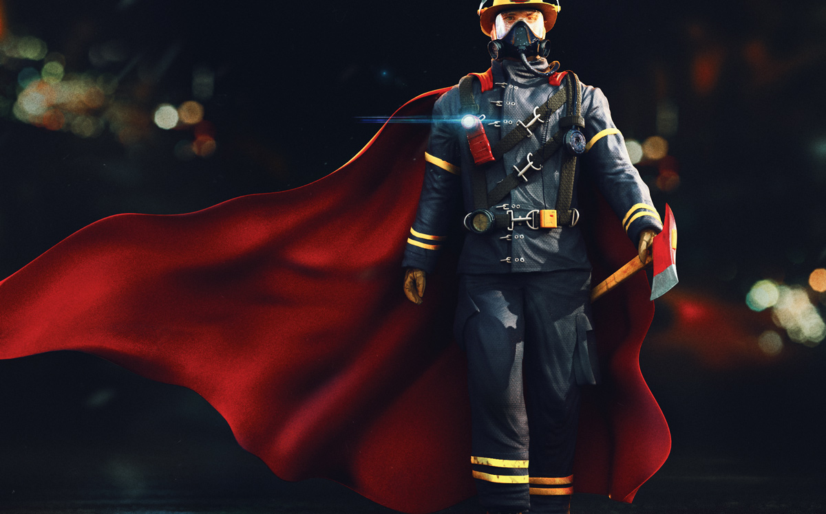 Hero Firefighter superman cape red axe walking night Gear super